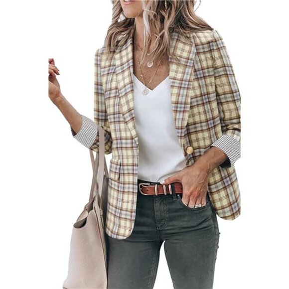 Womens Blazer Jackets with Pockets Plaid2 - Picture 2 of 5